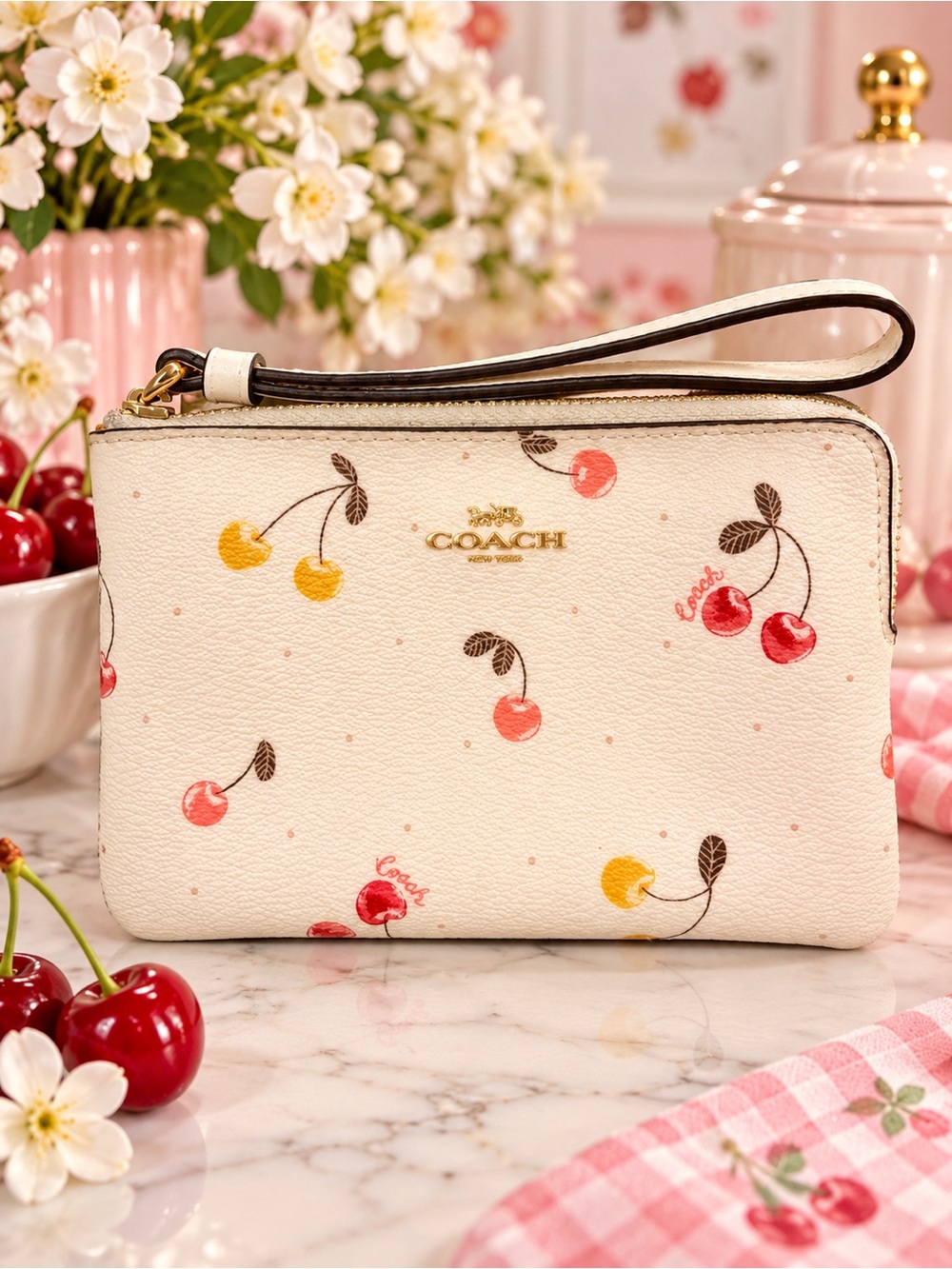 Coach Cherry Print Corner Zip Wristlet Cream Multicolor
